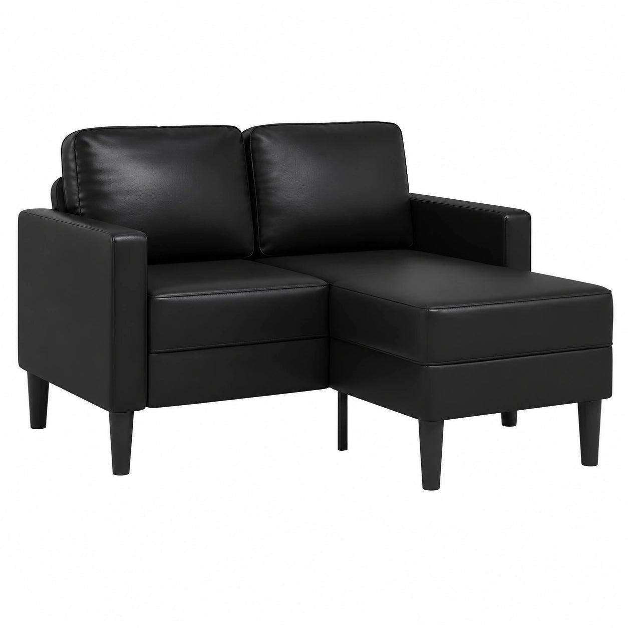 Divano angolare in ecopelle nera con chaise longue, 2 posti, 125 cm