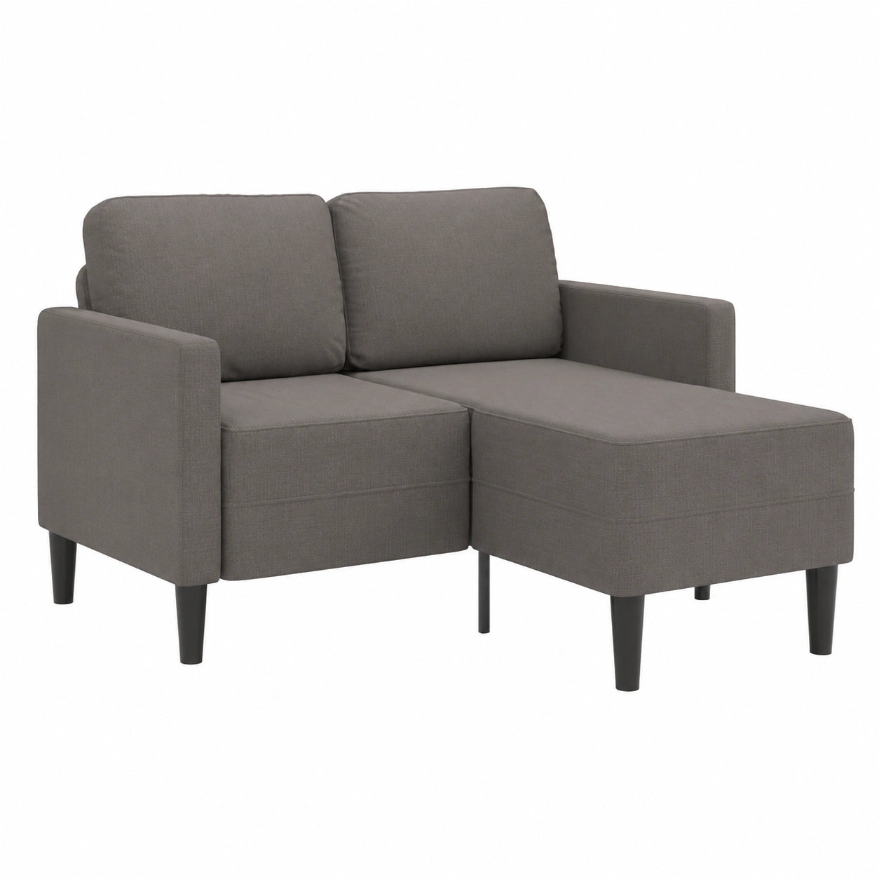 Divano angolare 2 posti con chaise longue in tessuto tortora, 125 cm, struttura in metallo e legno, seduta imbottita spessa