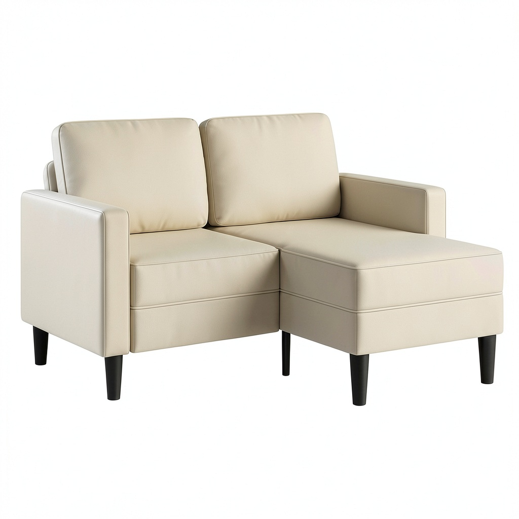 Divano angolare a 2 posti in ecopelle crema, 125 cm, confortevole e facile da pulire