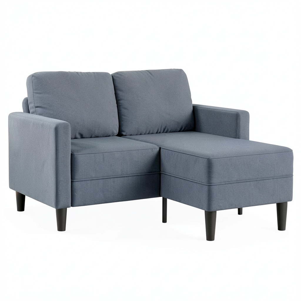 Divano Angolare 2 Posti Blu con Chaise Longue, Lino e Struttura Robusta