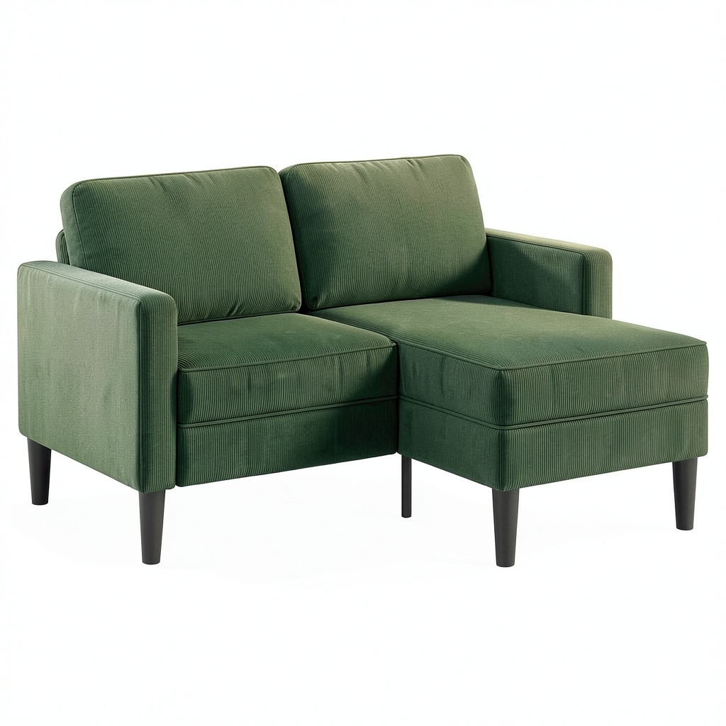 Divano angolare 2 posti con chaise longue, verde scuro, 125 cm, lino, gambe in legno, ideale per salotti compatti