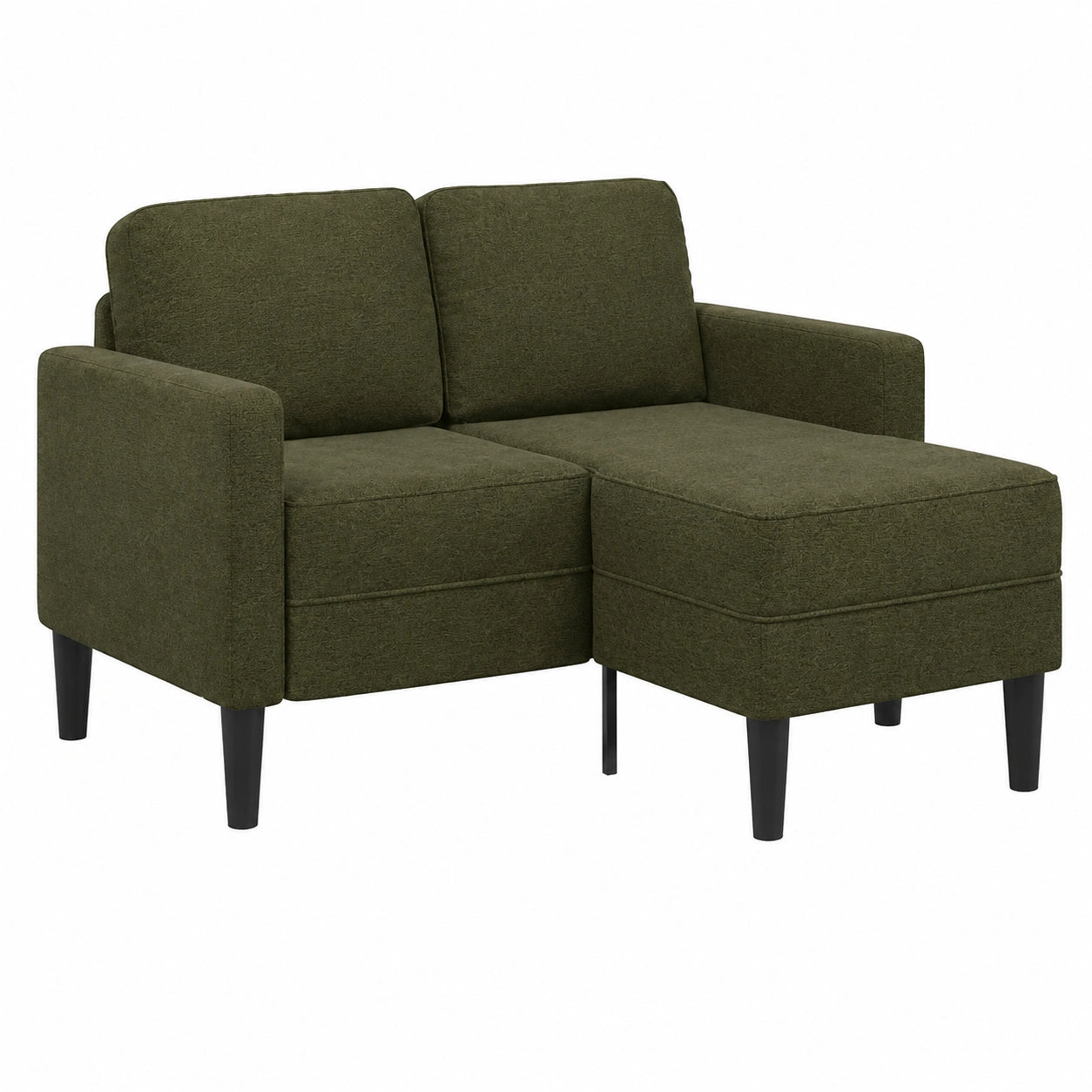 Divano angolare in ecopelle verde militare a 2 posti con chaise longue, compatto per piccoli spazi