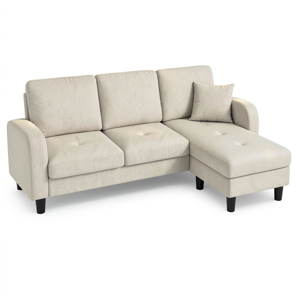 Divano angolare modulare a 3 posti con chaise longue sfoderabile, tessuto cotone e lino, 166x118x77 cm, gambe robuste, ideale per il salotto, Beige chiaro