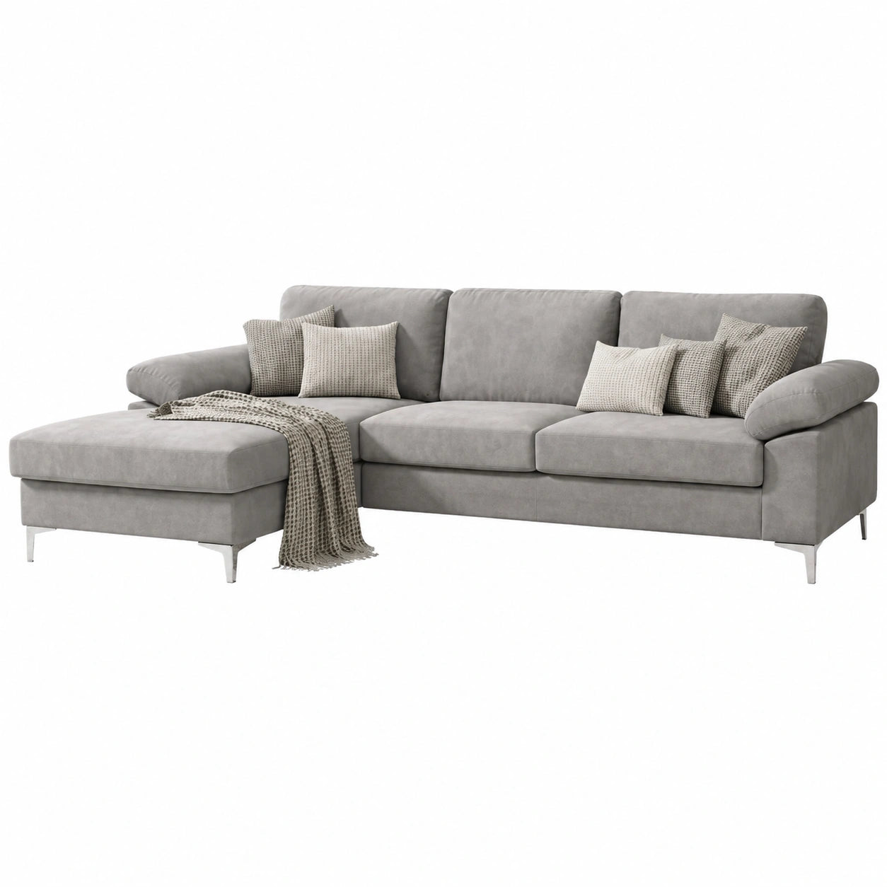 Divano ad angolo in velluto grigio 4-5 posti con angolo sinistro, design elegante e robusto