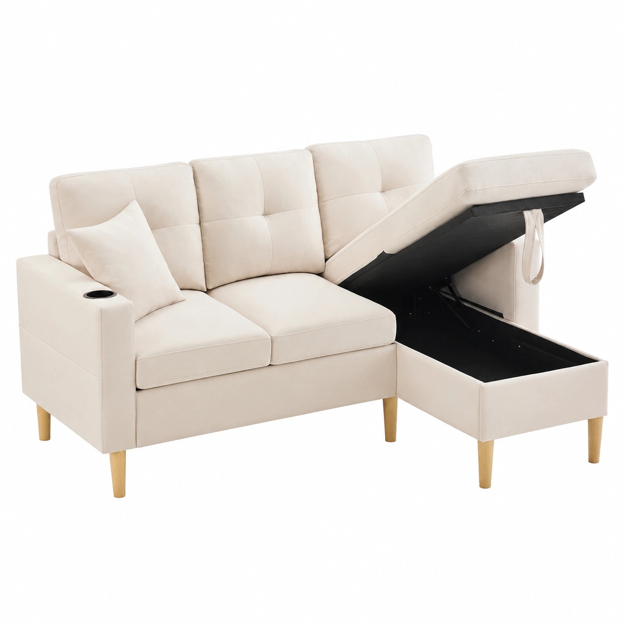 Divano Angolare L 3 Posti con Chaise Longue, Portabevande e Spazio Contenitore per Salotto, 175x129x90 cm, Beige