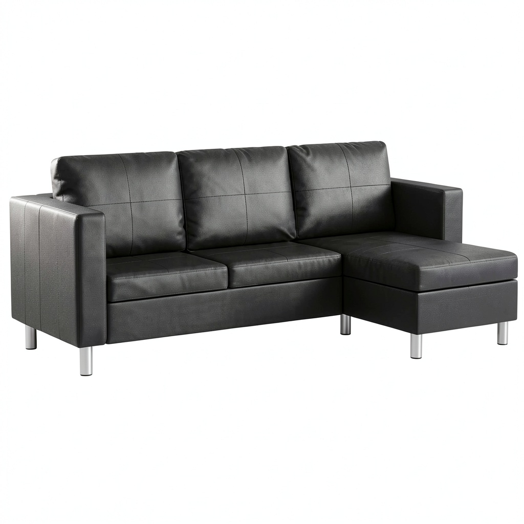 Divano angolare con chaise longue in ecopelle e piedini cromati, design regolabile e cuscini inclusi