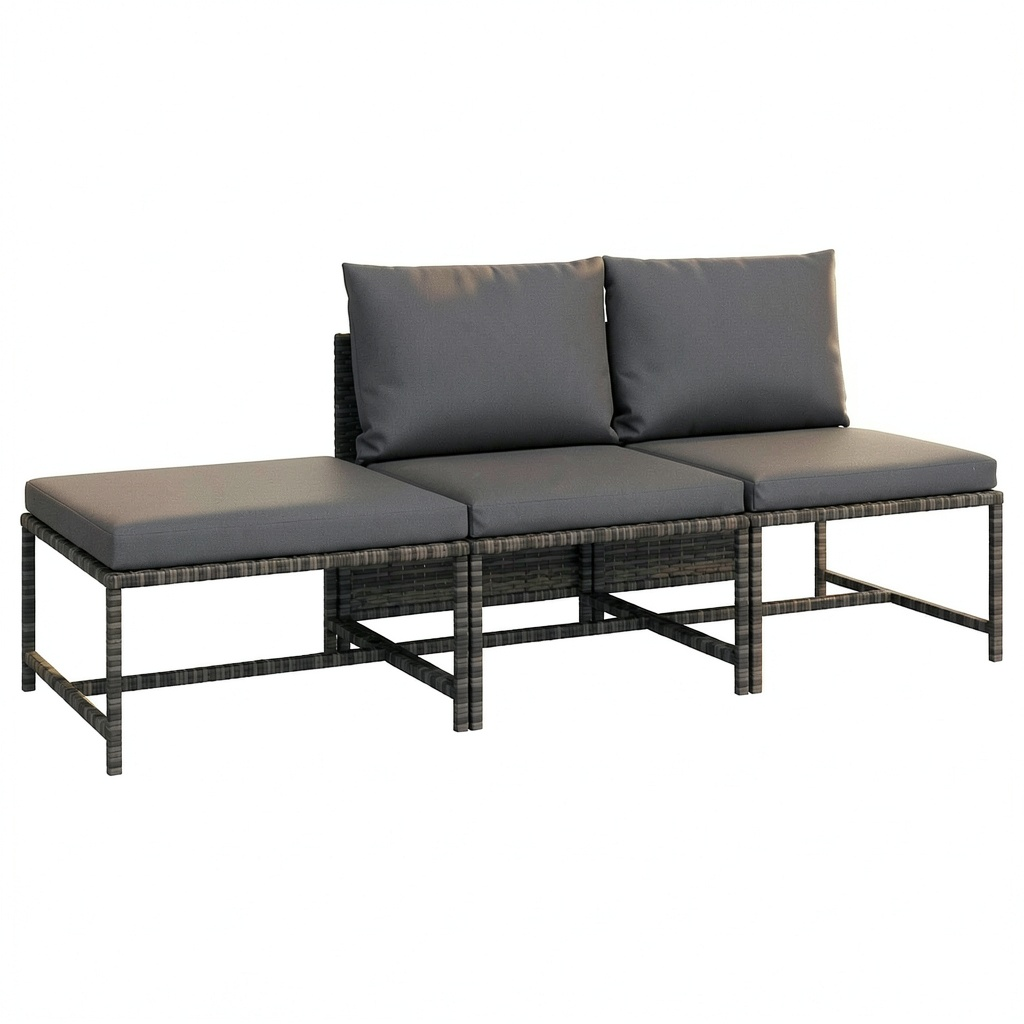 Set Salotto da Giardino 3 Pezzi in Rattan Sintetico con Cuscini Grigi