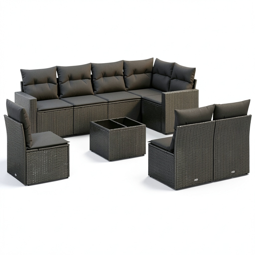 Set di Mobili da Giardino 9 Pezzi con Cuscini Neri in Polyrattan