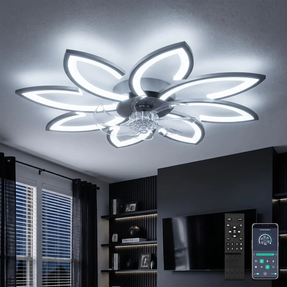 Ventilatore da soffitto - colore Nero - con telecomando, a LED - 90 cm