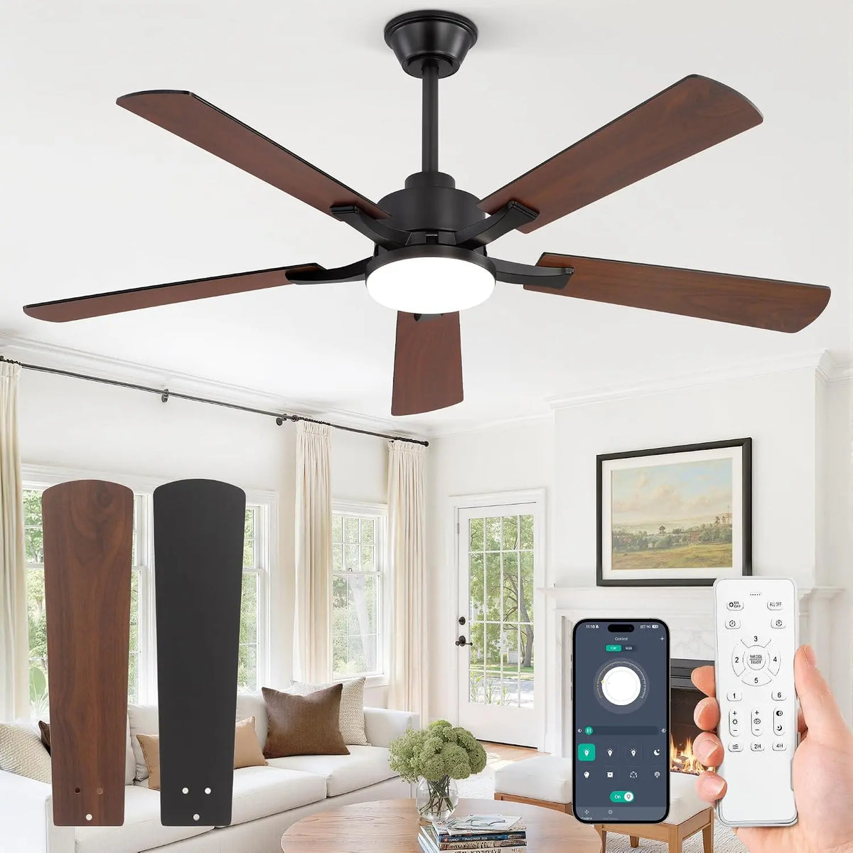Ventilatore da soffitto ZMISHIBO - colore Nero/Marrone - con telecomando, a LED, silenzioso - 132 cm