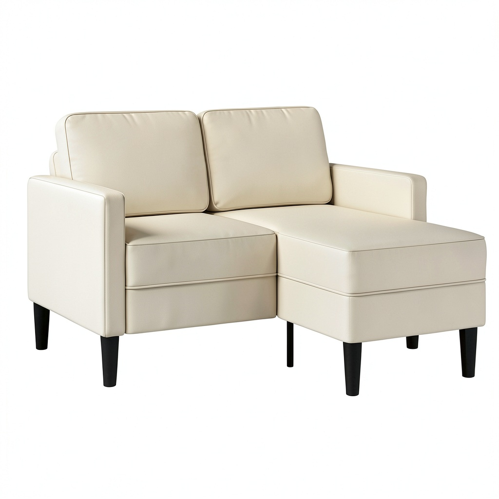 Divano angolare compatto a L in ecopelle crema, 2 posti, 125 cm, con chaise longue e gambe in metallo, ideale per soggiorni piccoli
