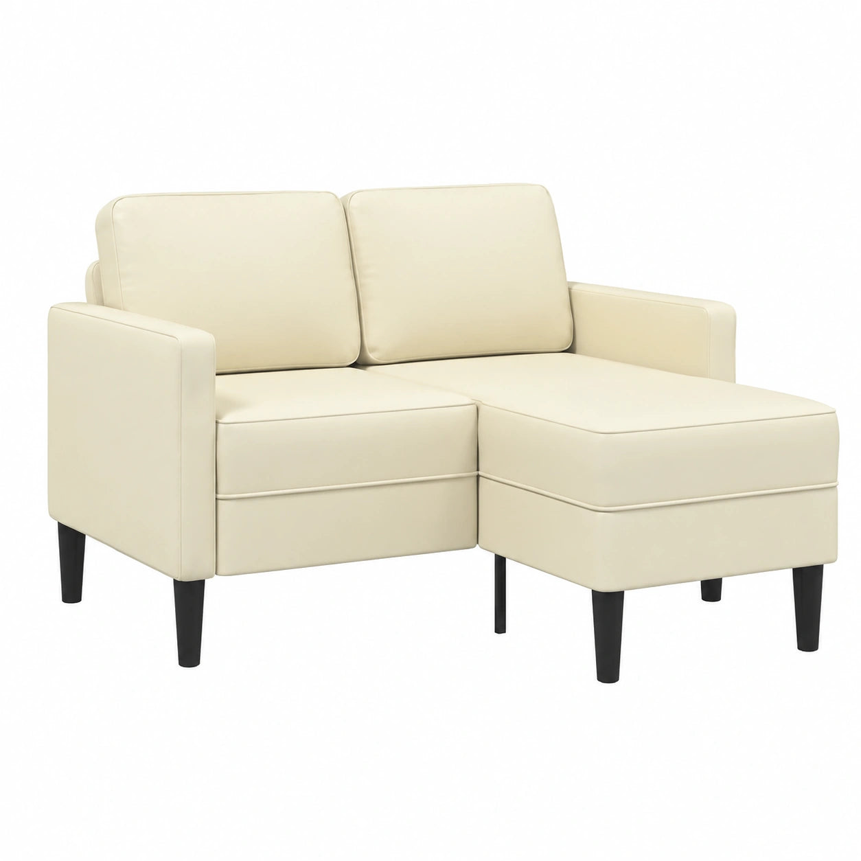 Divano angolare compatto a L in ecopelle crema, 2 posti, 125 cm, con chaise longue e gambe in metallo, ideale per soggiorni piccoli