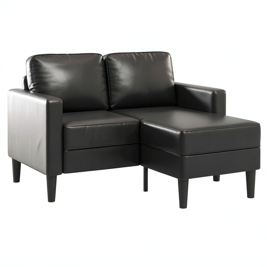 Divano angolare in ecopelle nera con chaise longue, 2 posti, 125 cm