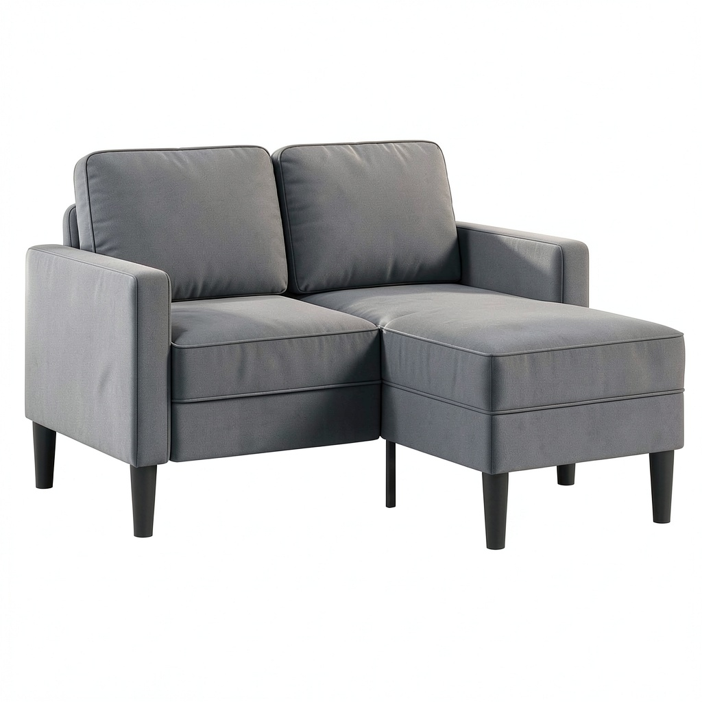 Divano angolare in velluto grigio scuro con chaise longue, gambe in metallo, per piccoli spazi