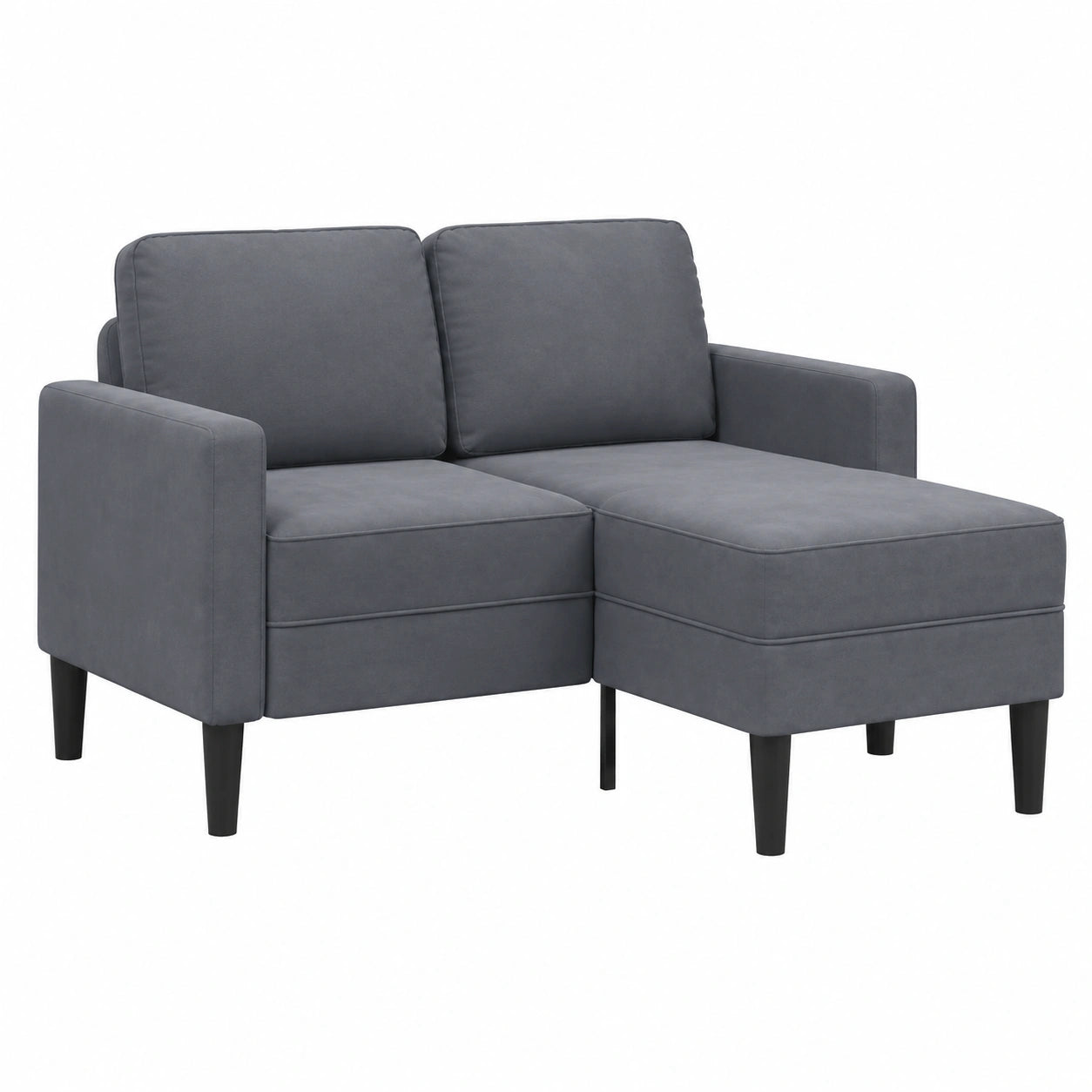 Divano angolare in velluto grigio scuro con chaise longue, gambe in metallo, per piccoli spazi