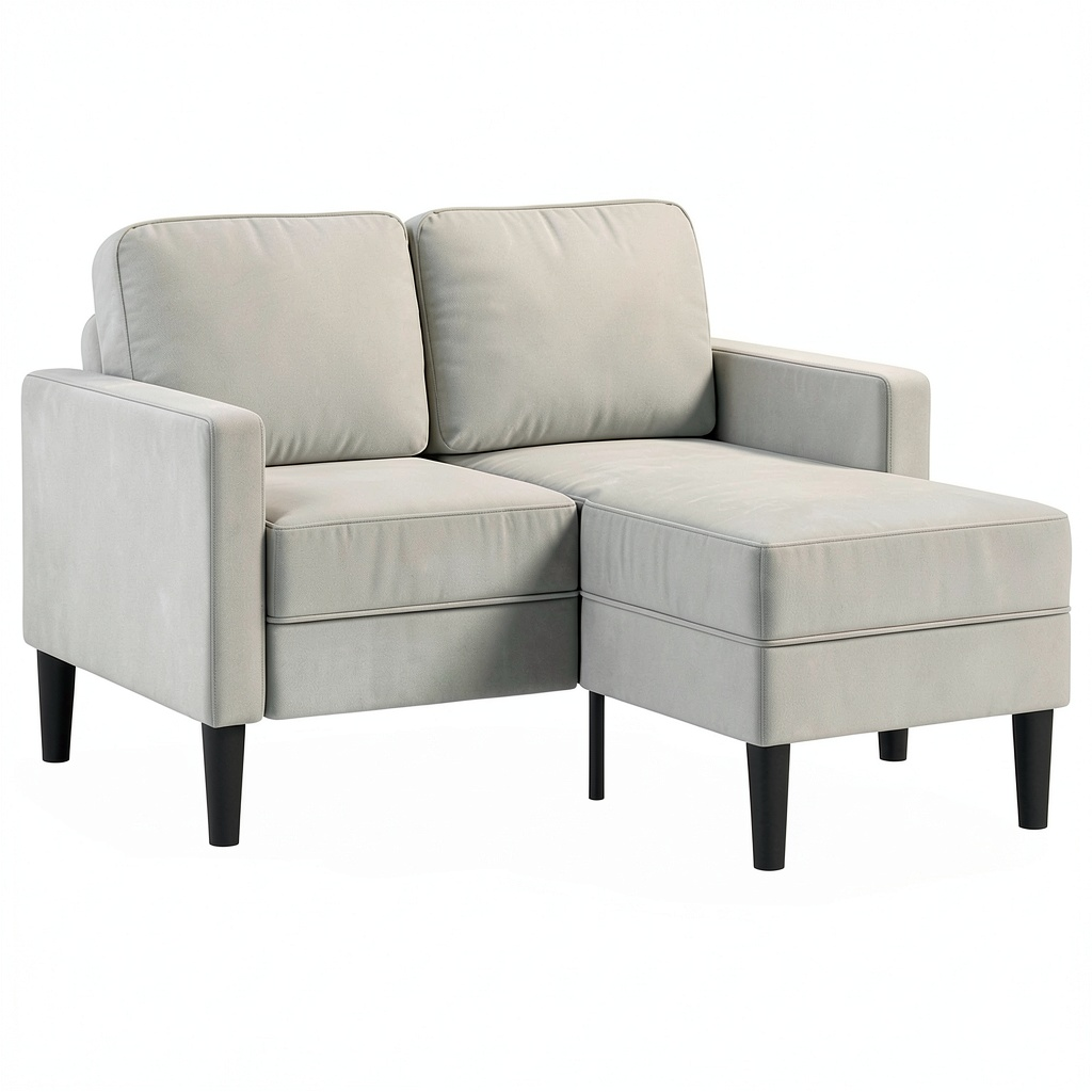 Divano angolare a L in velluto grigio chiaro, 2 posti con chaise longue, compatto per piccoli spazi, struttura in metallo, 125 cm