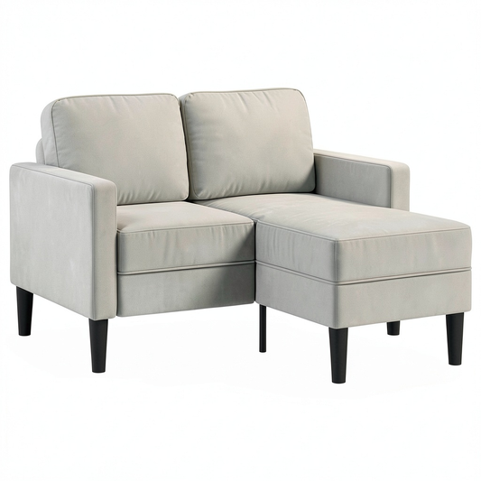 Divano angolare a L in velluto grigio chiaro, 2 posti con chaise longue, compatto per piccoli spazi, struttura in metallo, 125 cm