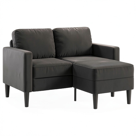 Divano in Velluto Nero a 2 Posti con Chaise Longue a L 125 cm