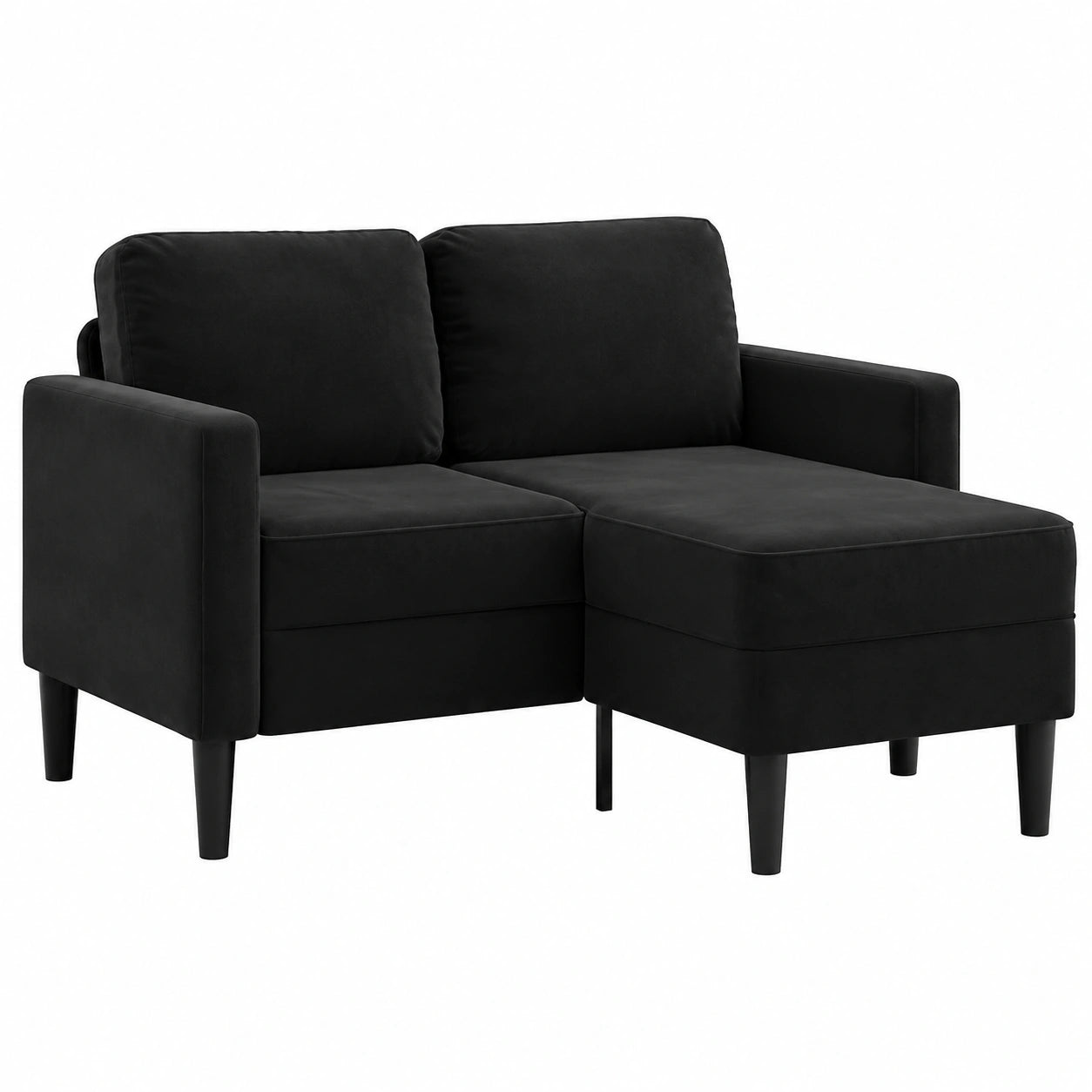 Divano in Velluto Nero a 2 Posti con Chaise Longue a L 125 cm