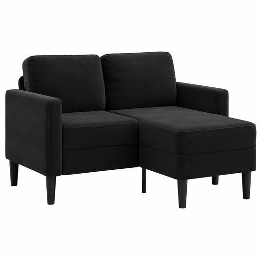 Divano in Velluto Nero a 2 Posti con Chaise Longue a L 125 cm