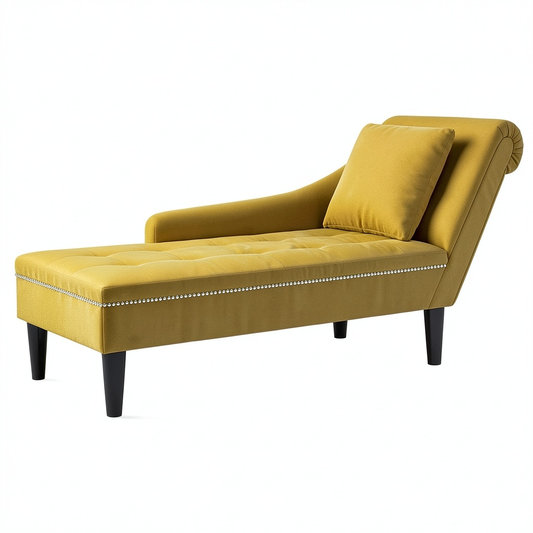 Chaise longue in velluto giallo con cuscino e bracciolo, 145 x 56 x 70 cm