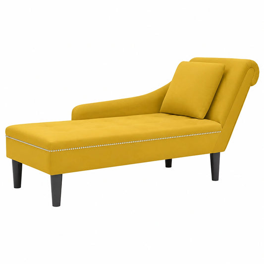 Chaise longue in velluto giallo con cuscino e bracciolo, 145 x 56 x 70 cm