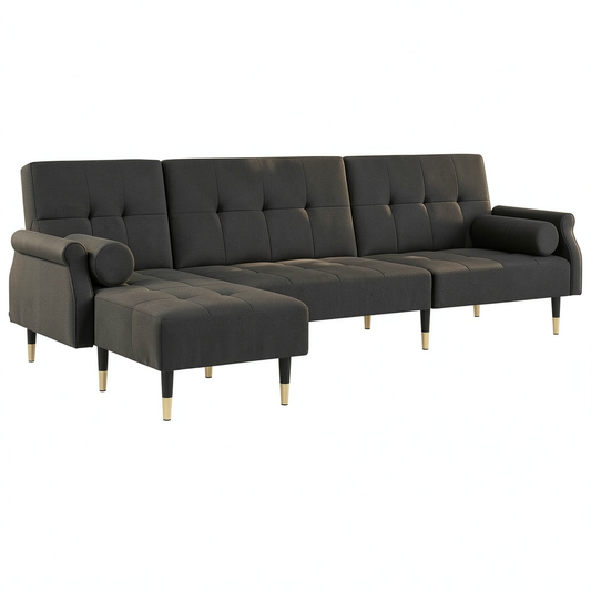 Divano letto angolare con chaise longue e schienale regolabile, ideale per ospiti