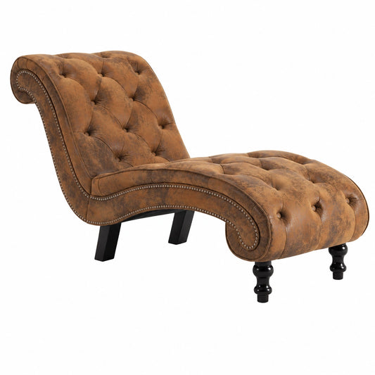 Chaise Longue ergonomica in similpelle marrone con bottoni imbottiti, ideale per soggiorno, 145 x 52 x 77 cm