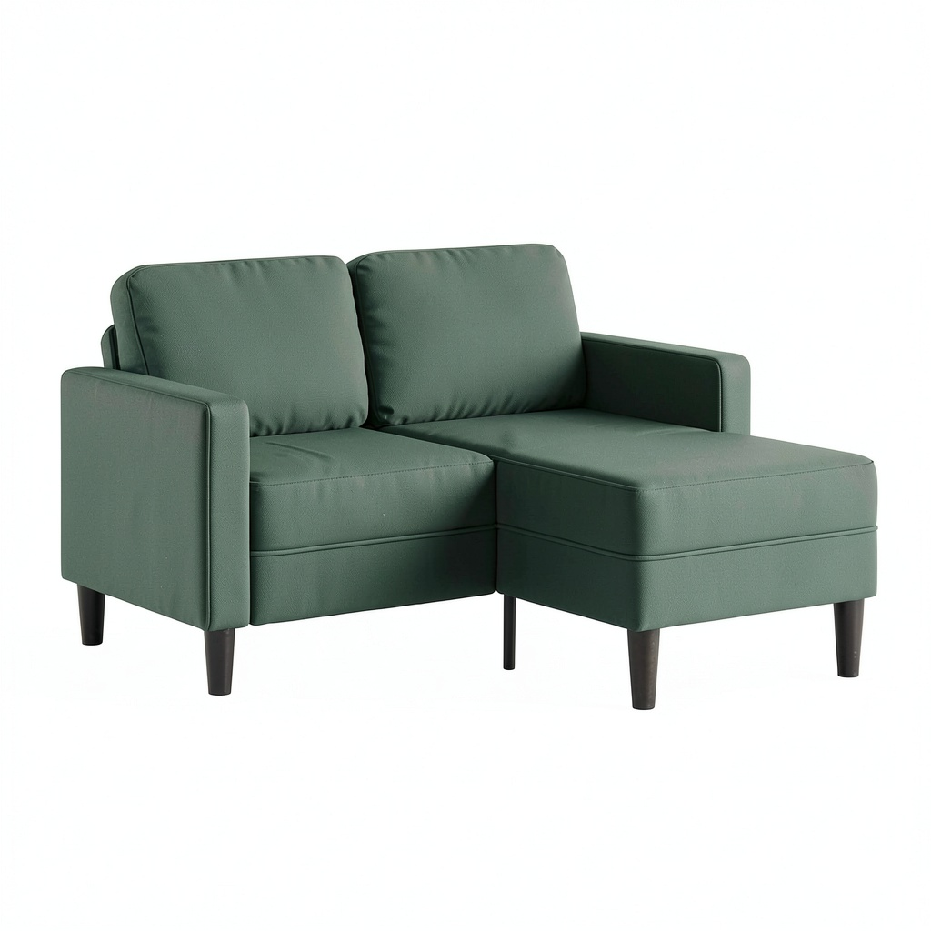 Divano angolare 2 posti in velluto verde, con chaise longue, 125 cm, seduta in schiuma spessa, gambe stabili, ideale per spazi ridotti