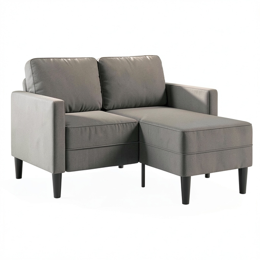 Divano angolare 2 posti con chaise longue in tessuto tortora, 125 cm, struttura in metallo e legno, seduta imbottita spessa