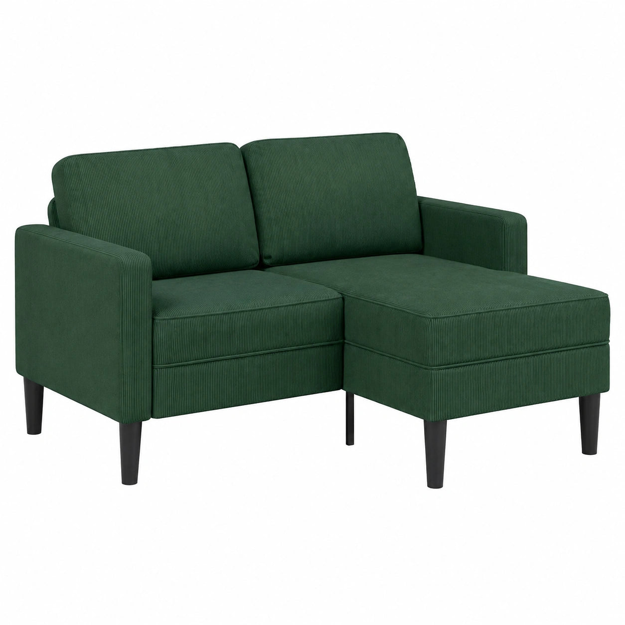 Divano angolare 2 posti con chaise longue, verde scuro, 125 cm, lino, gambe in legno, ideale per salotti compatti