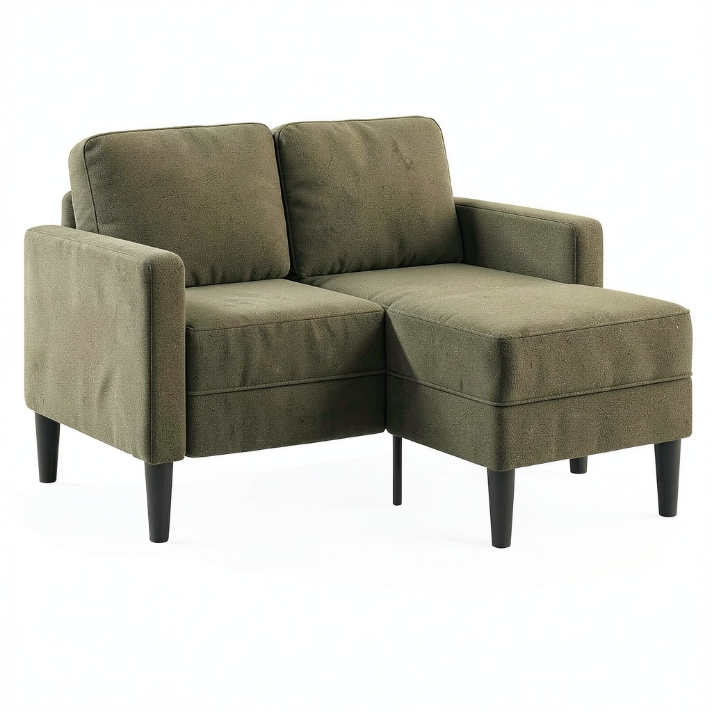 Divano angolare in ecopelle verde militare a 2 posti con chaise longue, compatto per piccoli spazi