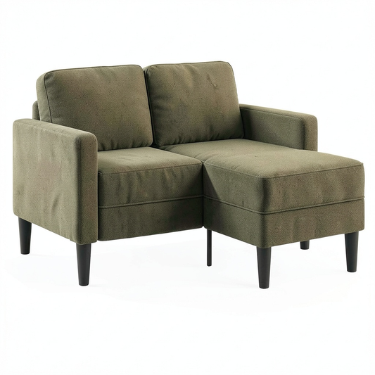Divano angolare in ecopelle verde militare a 2 posti con chaise longue, compatto per piccoli spazi
