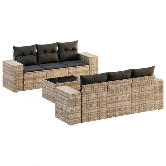 Set Divani da Giardino in Polyrattan Grigio con Cuscini, 7 Pezzi, Mobili Componibili da Esterno