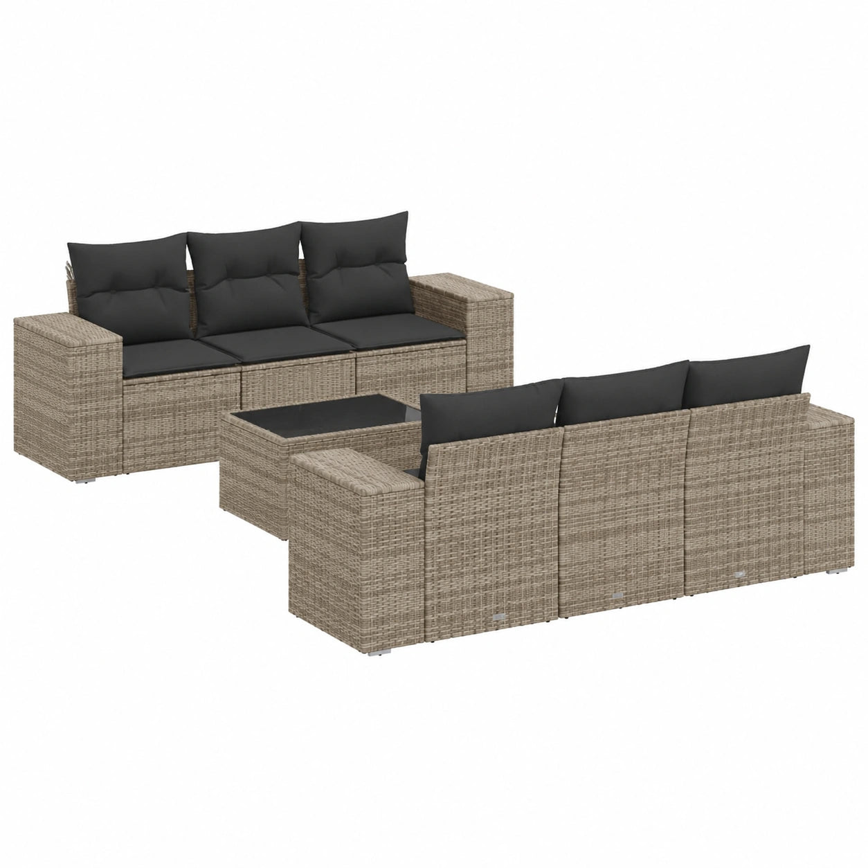 Set Divani da Giardino in Polyrattan Grigio con Cuscini, 7 Pezzi, Mobili Componibili da Esterno