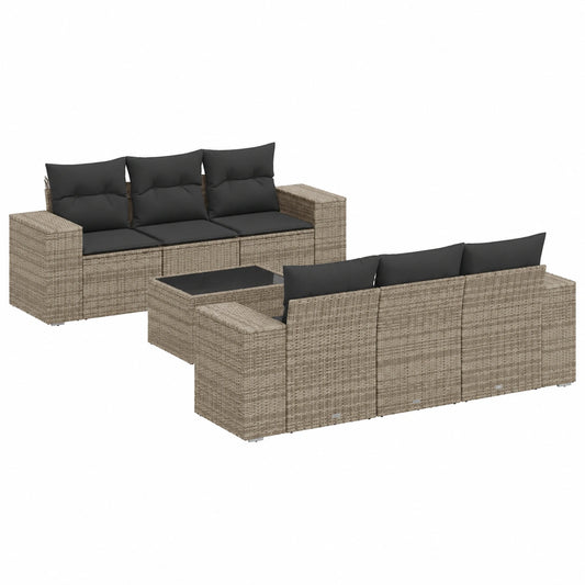 Set Divani da Giardino in Polyrattan Grigio con Cuscini, 7 Pezzi, Mobili Componibili da Esterno