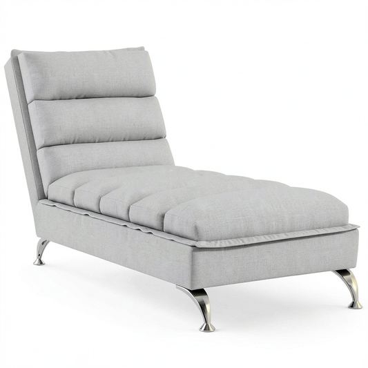 Chaise Longue in Tessuto Grigio Chiaro con Cuscino, 133,5x56x74 cm, Poltrona Relax Moderna per Soggiorno, Gambe in Metallo Cromato