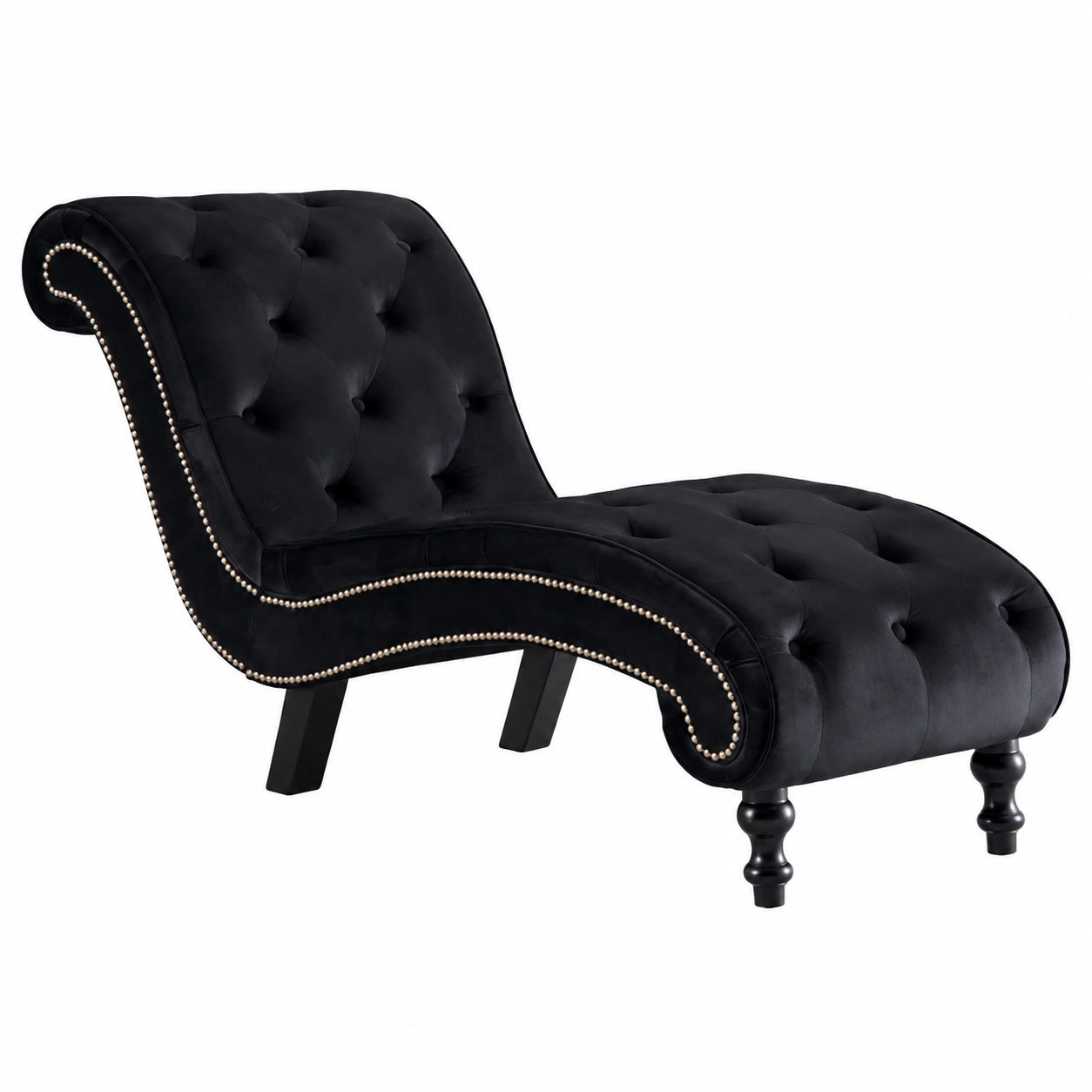 Chaise Longue Ergonomica in Velluto Nero con Frange, Divano Letto per Soggiorno, 145 x 52 x 77 cm