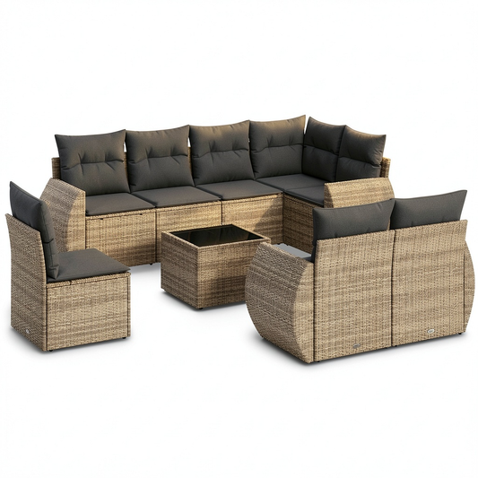 Set Divano da Giardino 9 Pezzi con Cuscini in Polyrattan Grigio