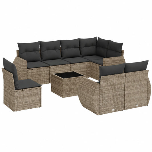 Set Divano da Giardino 9 Pezzi con Cuscini in Polyrattan Grigio