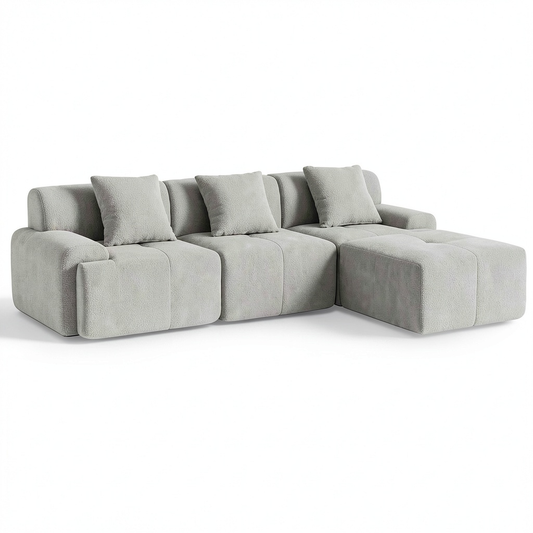 Divano angolare componibile 3 posti con penisola, tessuto chenille, cuscini sfoderabili, colore grigio minerale