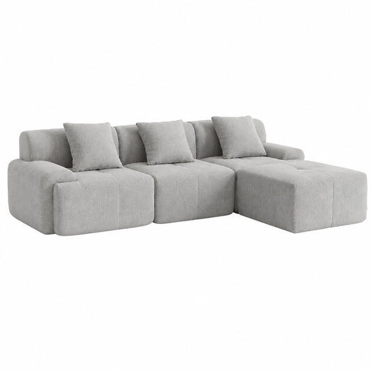 Divano angolare componibile 3 posti con penisola, tessuto chenille, cuscini sfoderabili, colore grigio minerale