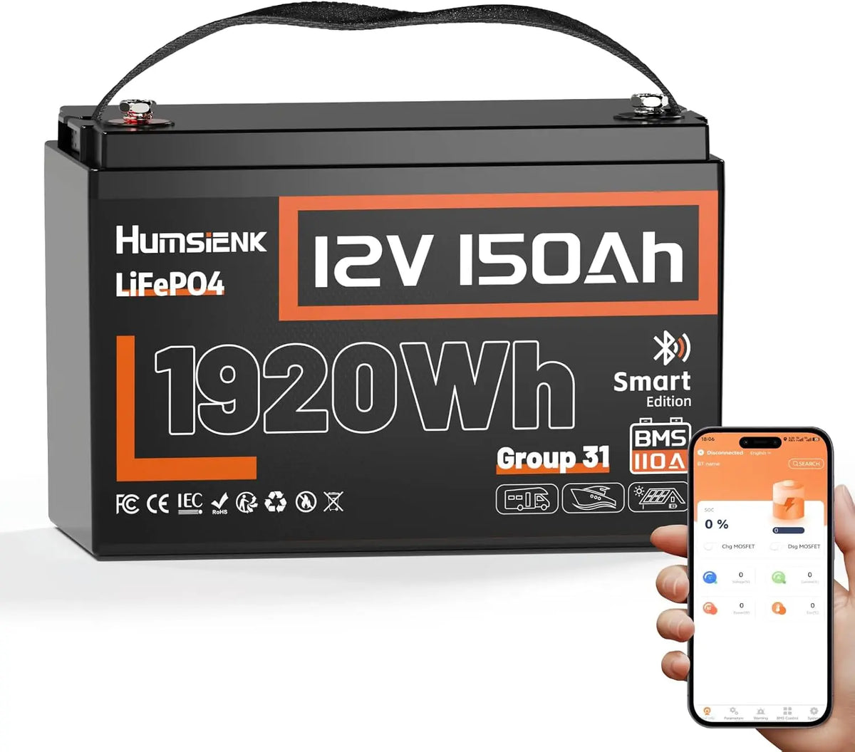 Batteria ricaricabile Humsienk - con Bluetooth - 12V, 150Ah, 1650Wh