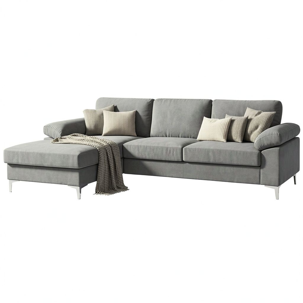 Divano ad angolo in velluto grigio 4-5 posti con angolo sinistro, design elegante e robusto