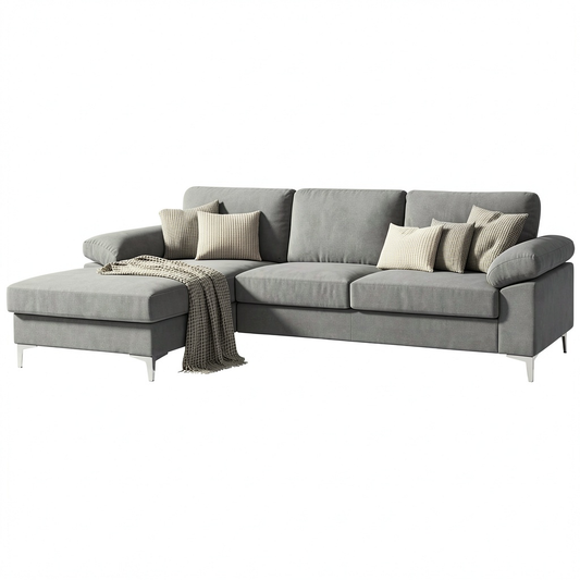 Divano ad angolo in velluto grigio 4-5 posti con angolo sinistro, design elegante e robusto