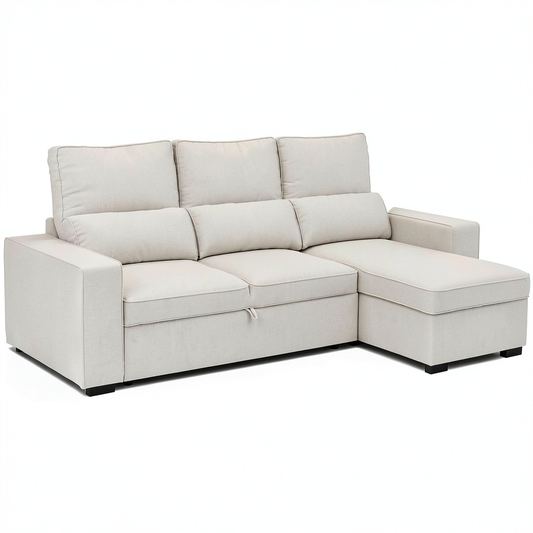 Divano Letto 3 Posti Harper con Chaise Longue e Contenitore, Beige