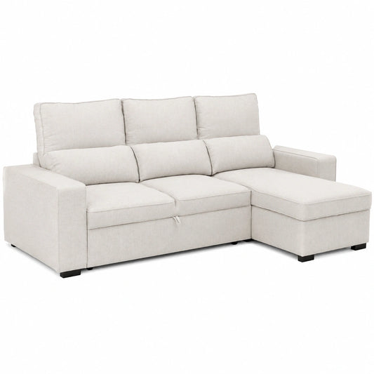 Divano Letto 3 Posti Harper con Chaise Longue e Contenitore, Beige