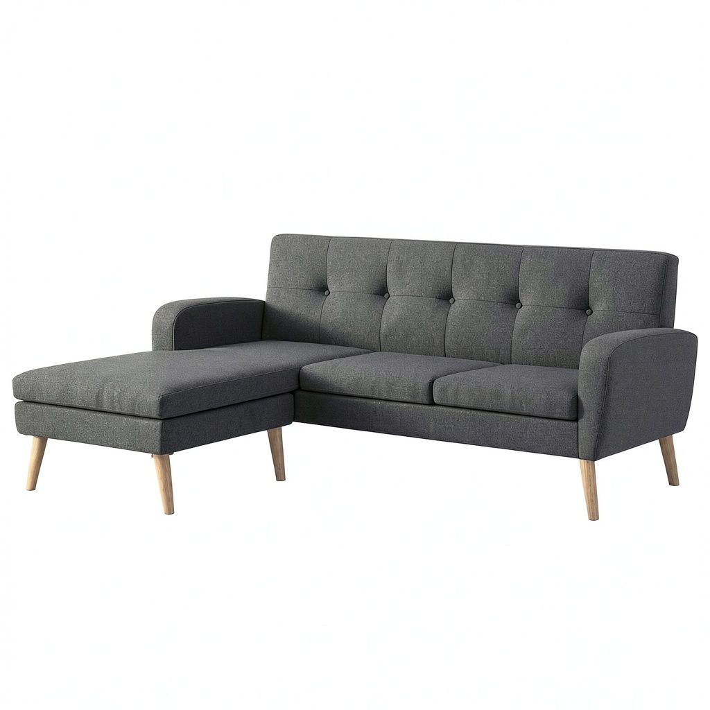 Divano letto moderno a L grigio scuro con chaise longue reversibile, 186x136x79 cm, rivestimento in poliestere, ideale per soggiorno