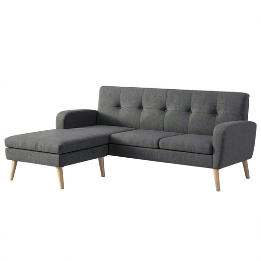 Divano letto moderno a L grigio scuro con chaise longue reversibile, 186x136x79 cm, rivestimento in poliestere, ideale per soggiorno