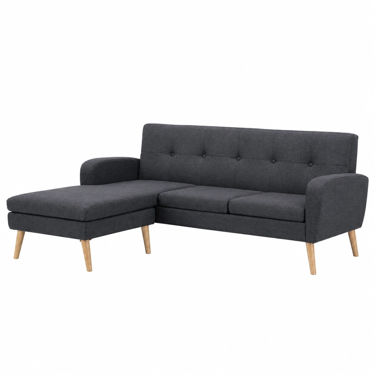 Divano letto moderno a L grigio scuro con chaise longue reversibile, 186x136x79 cm, rivestimento in poliestere, ideale per soggiorno